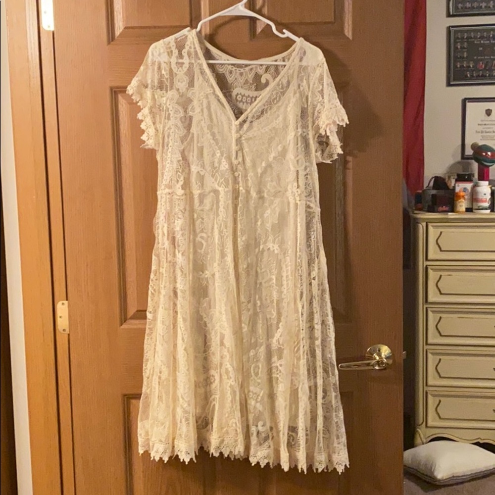 Off White Lace & Crochet Button Front Dress